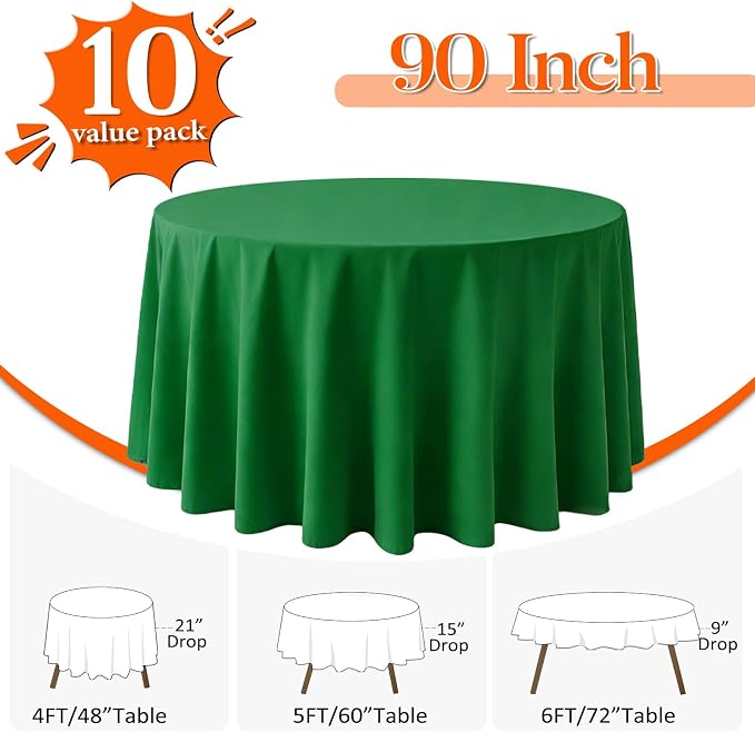 10 Pack Green Round Tablecloth 90 Inch Round Table Cloth Wrinkle Resistant Green Table Cloth Washable and Reusable Polyester Fabric Table Covers for Banquet Wedding Party Dining Buffet