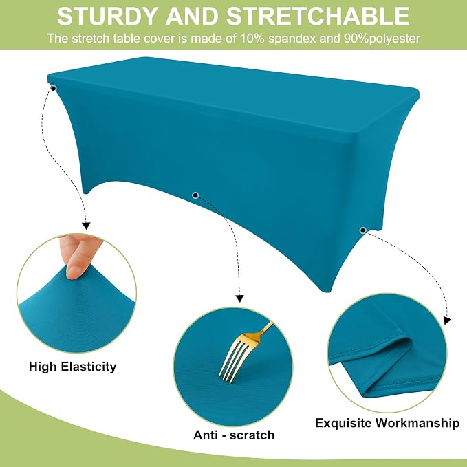 Moosfor Spandex Elastic Fitted 6FT Rectangle Tablecloth 6 Pack, Stretch Washable Reusable Table Cover for Outdoor Picnic, Dining, Wedding, Banquet & Party Events (Turquoise, 72Lx30Wx30H Inch)