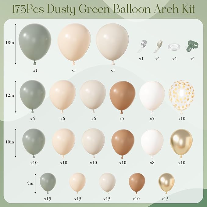 Amandir 173Pcs Dusty Green Nude Balloon Arch Garland Kit, Blush Cream White Sand Avocado Green Brown Gold Confetti Balloons for Neutral Shower Gender Reveal Wedding Birthday Party Decorations