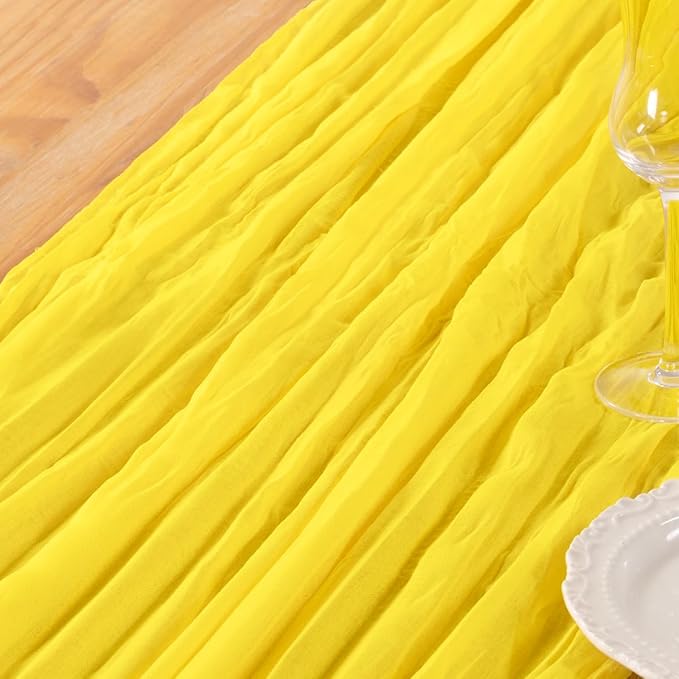 DeZerlor Lemon Yellow Cheesecloth Table Runner 10 Pack Spring Easter Table Runners Boho Gauze 120 Inches Yellow Cheese Cloth Table Decor for Wedding Bridal Baby Shower Parties