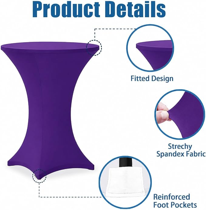 Cocktail Table Covers - 2 Pack 32x43 Inch Table Cloth - Purple Fitted Stretch Spandex Round High Top Tablecloth for Party, Bar, Birthday, Pub, Banquet