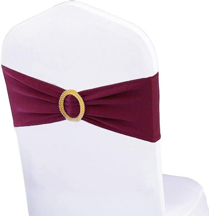 Pack of 100 Spandex Dark Burgundy Chair Sashes with Gold Buckles, Stretch Chairs Sashes for Wedding Party Bridal Shower Event Decor Chair Bands Bows (Dark Burgundy Sashes, Gold Buckles)