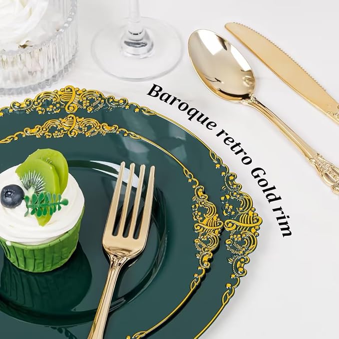 102PCS Green Plastic Plates - Green and Gold Plates - Fancy Heavy Duty Disposable Plate - Heavyweight Dinner & Dessert Plate for 51 Guests for Spring Party & Wedding
