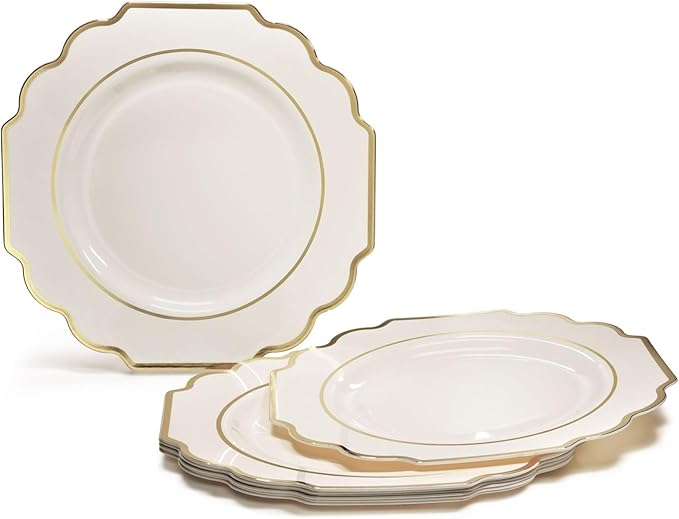 " OCCASIONS " 80 Plates Pack,(40 Guests) Heavyweight Wedding Party Disposable Plastic Plates Set -40 x 10.5'' Dinner + 40 x 8'' Salad/Dessert Plate (Imperial Ivory & Gold)