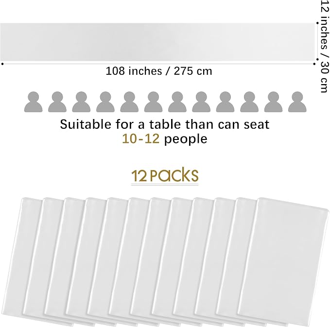 Aneco 12 Pack Satin Table Runner 12 x 108 Inch White Long Wedding Satin Silk Table Runner for Wedding Banquet Graduations Birthday Party Decoration
