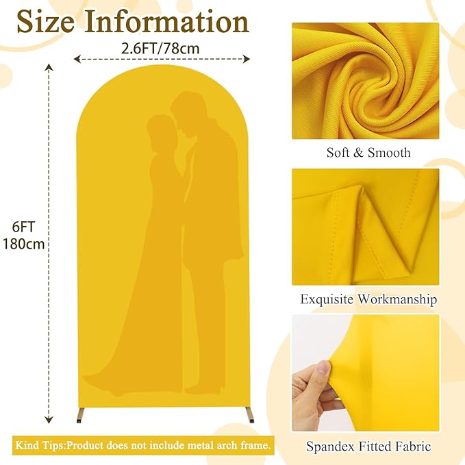 Wedding Arch Cover 6FT Gold Arch Cover Backdrop Fabric Spandex Round Top Arched Covers Chiara Wall Cover for 6FT Metal Stand Yellow Arch Backdrop Covers for Birthday Party Banquet Decorations