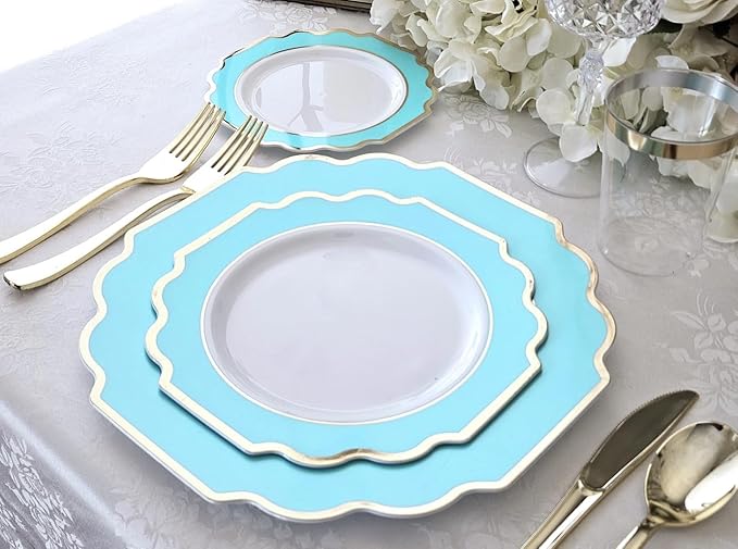 OCCASIONS 80 Plates (40 Guests) Heavy Duty Disposable Aqua & Silver Plastic Plates for Wedding Party, Elegant Dinner & Dessert Set, 40x10.5" + 40x8" - Imperial Aqua & Silver