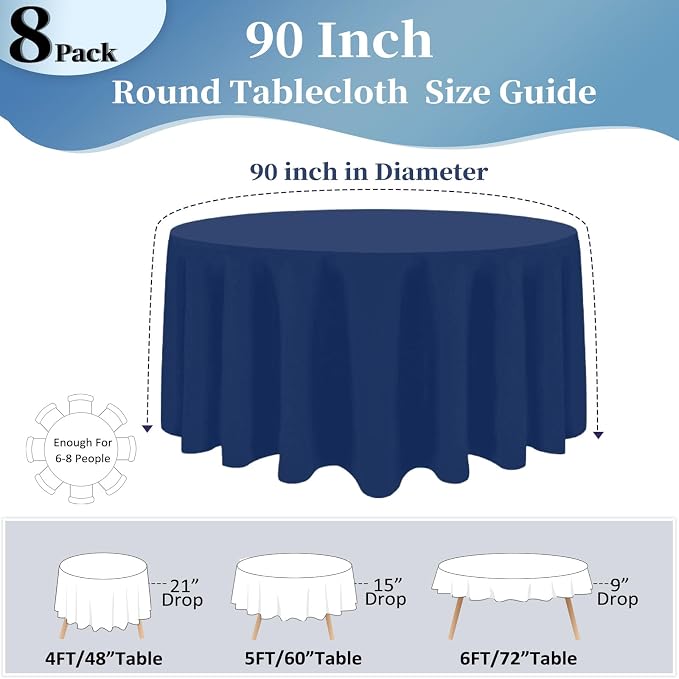 8 Pack Navy Blue Round Tablecloth 90 Inch Round Table Cloth, Wrinkle Resistant and Washable Tablecloth Polyester Fabric Table Cloth Round Cover for Dining Wedding Banquet Party