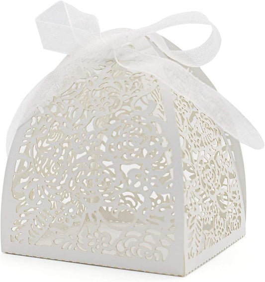 KPOSIYA Pack of 100 Laser Cut Rose Candy Boxes, Favor Boxes 2.5"x 2.5"x 3.1", Gift Boxes Bridal Shower Anniverary Birthday Party Wedding Favor (100,White)