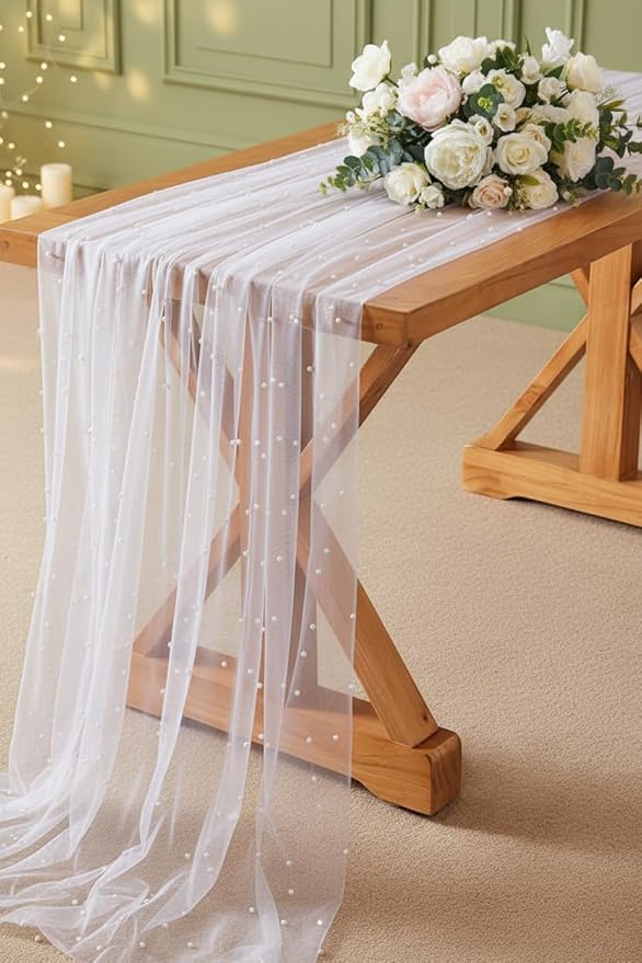 Table Runner 63" X 120" Wedding Arch Decorations Table Line Bridal Shower Decor Fabric Romantic Pearl Lace Tablecloth for Events Embroidered Sheer Wrinkle Free White Dessert Table Cloth Chiffon Tulle