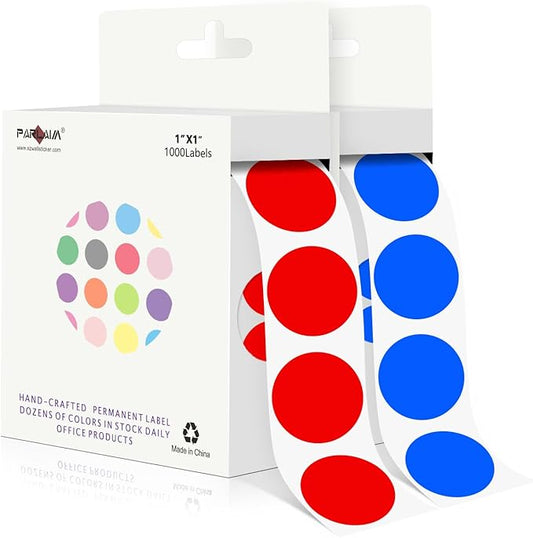 PARLAIM 1 Inch Round Adhesive Color-Code Dot Stickers,2Rolls/2000 per Roll dots Label Dispenser Box,Red/Blue Circle Stickers Label for Office Home(Red +Blue)