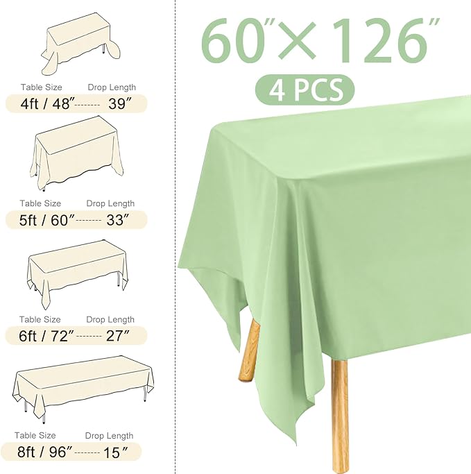 4 Pack Rectangle Tablecloth 60x126 Inch Sage Green Table Cloth for 8 Foot Rectangle Tables Washable Polyester Table Cover for Wedding Dining Tables Parties Banquet（60x126 Sage Green）