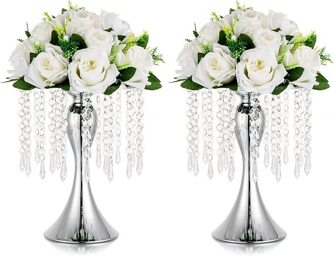Silver Vase Stand Table: 10.2in Wedding Centerpieces, Set of 2 | High End Crystal Design Vase Stand for Wedding Party Reception Birthday Event Home, Tall Table Center Piece