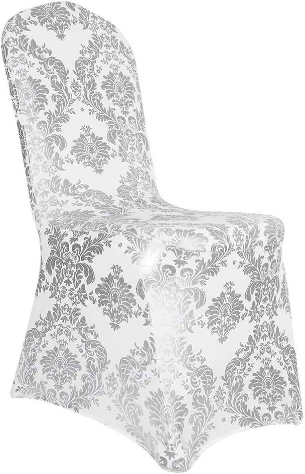 Pack of 20 Dining Chair Covers Bronzing Silver Flower Print Removable Washable Spandex Stretch Decorative Chair Slipcovers Set for Party Wedding Home Decorations - Silver+White