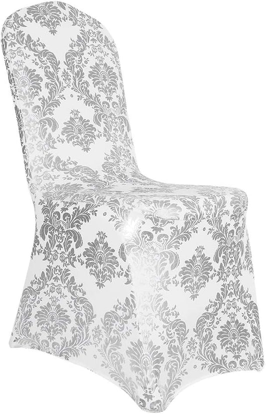 Pack of 20 Dining Chair Covers Bronzing Silver Flower Print Removable Washable Spandex Stretch Decorative Chair Slipcovers Set for Party Wedding Home Decorations - Silver+White