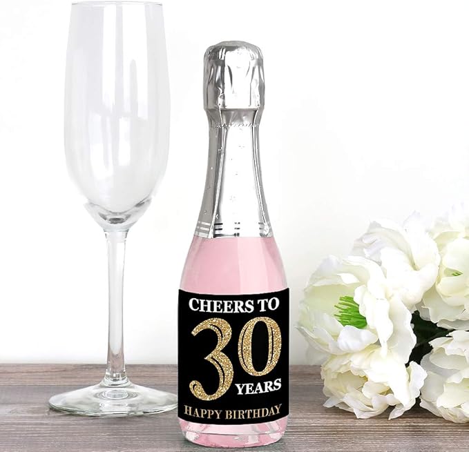 Big Dot of Happiness Adult 30th Birthday - Gold - Mini Wine and Champagne Bottle Label Stickers - Birthday Party Favor Gift for Women and Men - Set of 16
