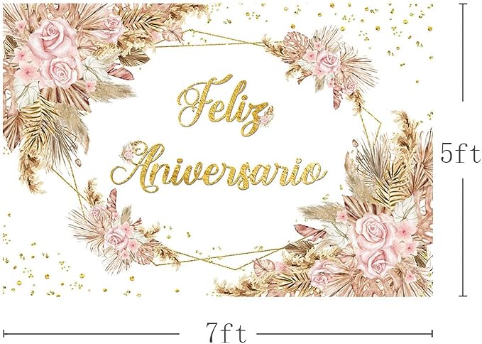 MEHOFOND 7x5ft Boho Feliz Aniversario Backdrop Mr and Mrs Engagement Banner Bohemia Happy Anniversary Wedding Valentines Decorations Blush Pink Floral Photography Background Studio Props
