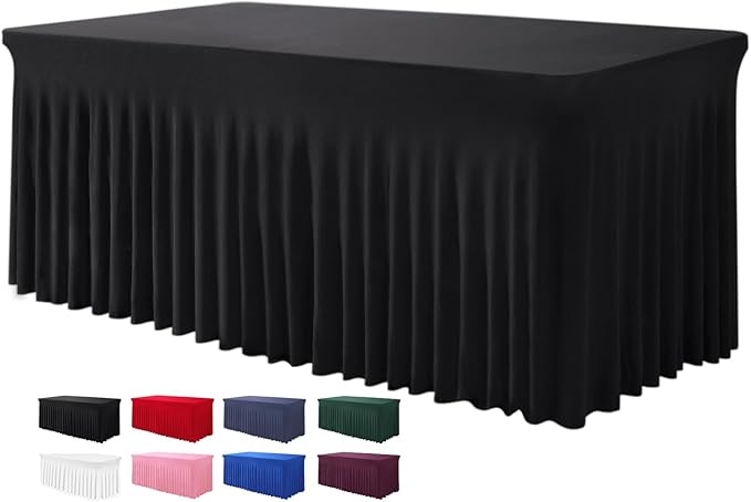 BDDC One-Piece Spandex Table Cover Skirt for 4FT Rectangle Tables | GRS-Certified Eco-Friendly Fabric, Elastic Fitted Ruffle Tablecloth, Washable, For Banquets, Weddings & Parties