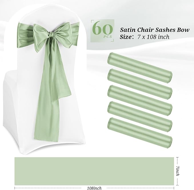 Pesonlook 60 PCS Sage Green Satin Chair Sashes Bows Satin Chair Sashes Universal Chair Cover for Wedding Reception Restaurant Event Decoration Banquet,Party,Hotel Event Decorations (7 x 108 inch)