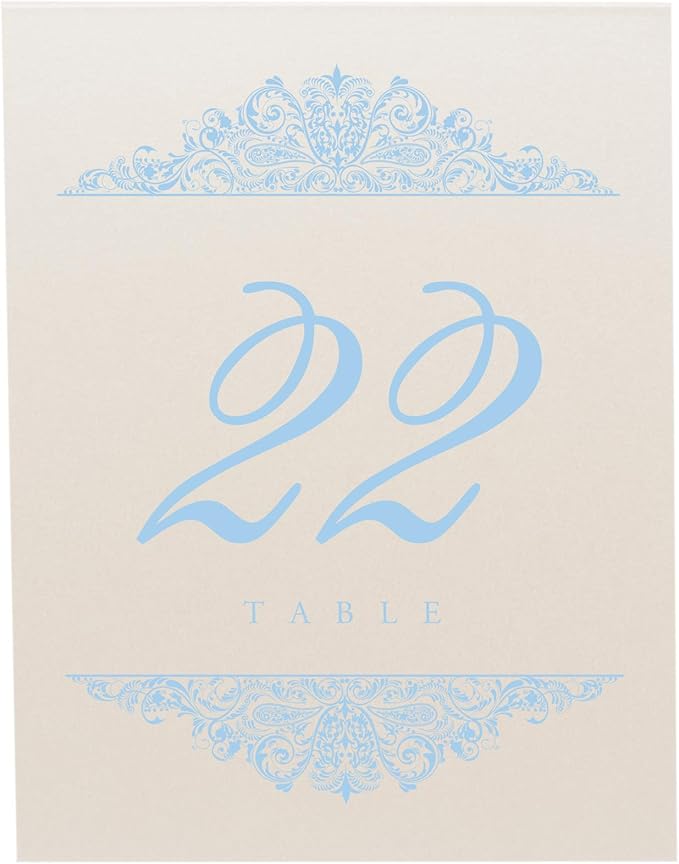 Paisley Wedding Table Numbers (Select Color/Quantity), Champagne, Light Blue, 1-35, Double Sided, Tent or Use in a Stand, Great for Parties & Restaurants - Made in the USA