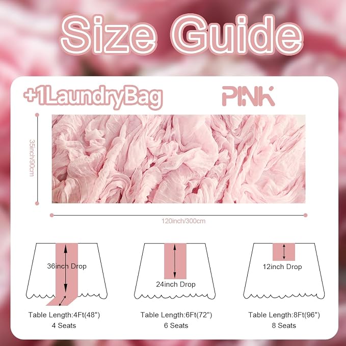 2 Pack Light Pink Cheesecloth Table Runners 35x120 Inch, Wide Pleated Boho Gauze Runner for Wedding Baby Shower Birthday Party, Semi-Sheer Rustic Table Decor