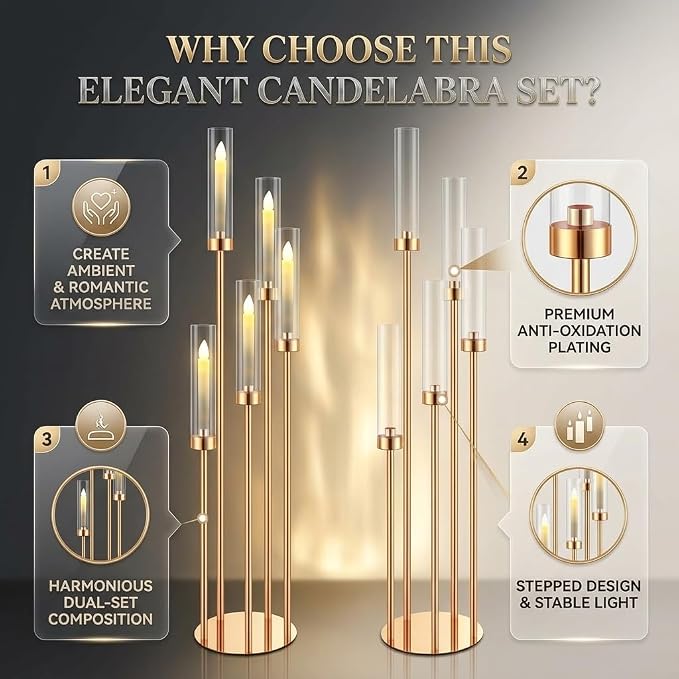 2pcs 42.5in Gold Floor Candelabra 5 Arm Gold Candelabra with Glass Shades Candle Holders,Elegant Metal Candlestick Stand for Perfect for Wedding Dining Room Living Room Event Decor