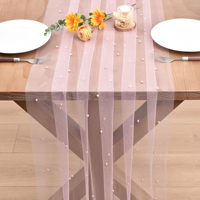 Blushing Pink Pearl Table Runner Boho Rustic Tulle Lace Dining Baby Shower Wedding Arch Decor Veil Dessert Holiday Centerpiece Table Decor