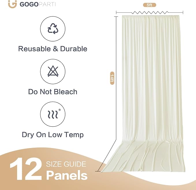 60x14ft Ivory Backdrop Curtain for Party, 12 Panels Wrinkle Free 14 Foot Long Polyester Photo Backdrop Drapes Photography Background for Wedding Birthday Gathing