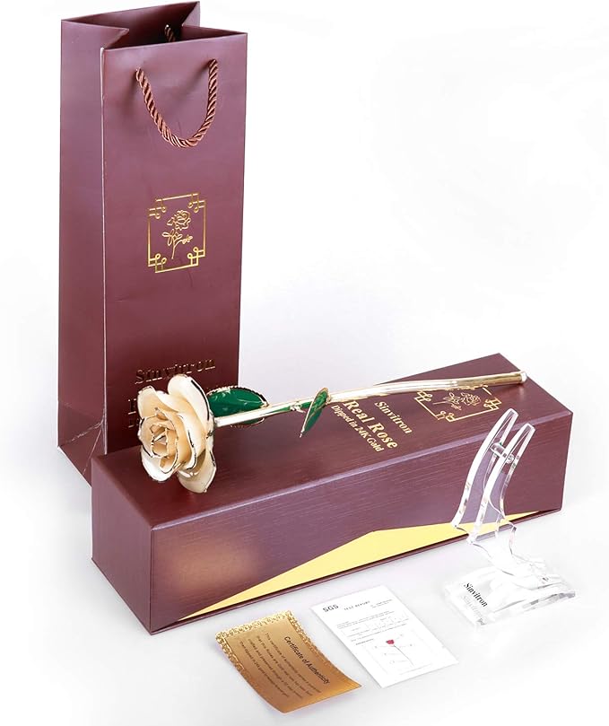 Sinvitron Gold Dipped Infinity Rose Forever Flower Decor, Resin Preserved Real Rose Birthday Gift for Women, Anniversary Present for Mom (Ivory White)