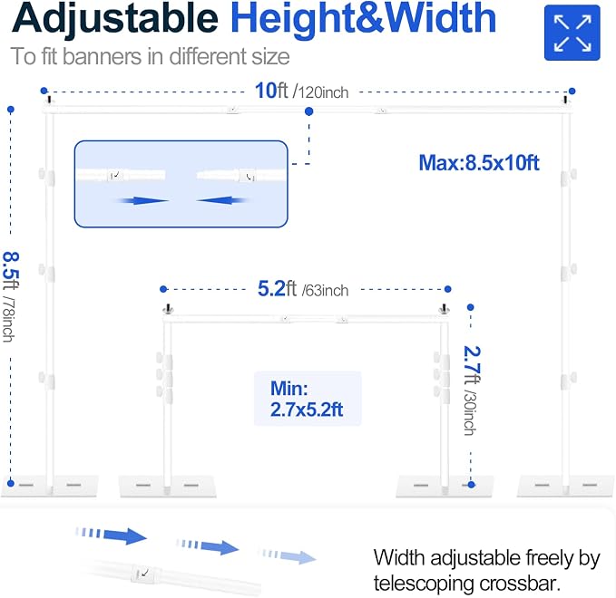 EMART Backdrop Stand, 8.5x10ft Width Adjustable Photography Background Support Poles with Heavy Duty Flat Base, Photo Metal Steel Pipe and Drape Frame Kit for Parties Birthday Wedding - White
