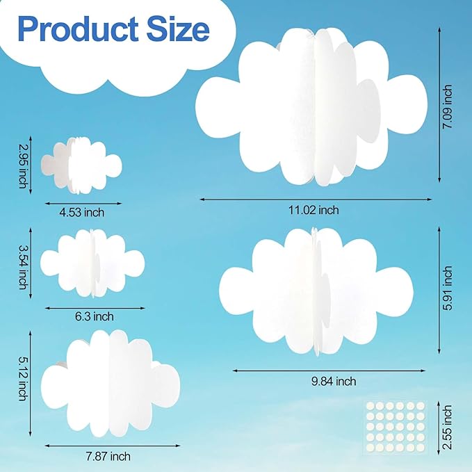 Ayfjovs 10 PCS 3D Cloud Decorations - White Hanging Clouds for Ceiling, Party Decorations, Ornaments, Wedding, Nursery, Children Room, Baby Baptism Party
