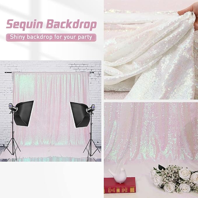 Eternal Beauty White Iridescent Sequin Backdrop, 8x10 Ft Glitter Background Curtains for Shimmer Photography Party Wedding Birthday Back Drop Decor