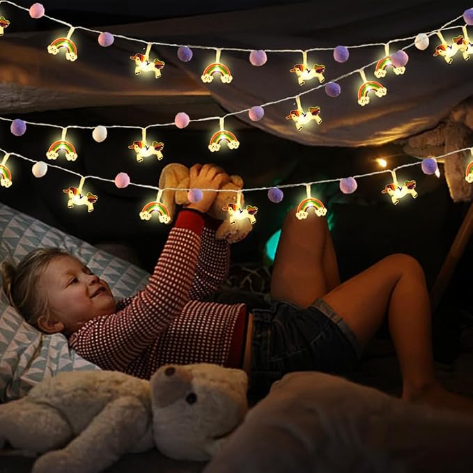 ChiRee Indoor String Lights 9.85 Ft Unicorn Rainbow String Lights with Pom Poms, 20 LED Battery Operated Fairy Lights with Timer & 8 Flash Modes, Cute Kids Girls Boys Bedroom Nursery Play Tent Decor