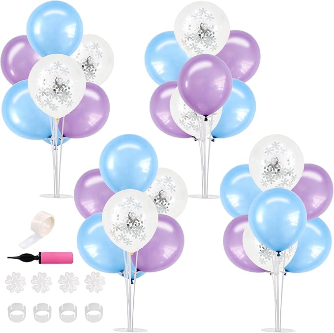 TONIFUL 4 Set Macaron Blue Purple Snowflakes Balloon Centerpieces for Table,Balloon Stand Kit for Kid Party Decor,Birthday Decorations Winter Theme Party Decorations