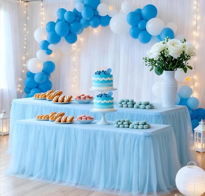 2-Pack Blue 2-in-1 Tulle Tablecloth for 5-Foot Rectangular Table – Stretch Fitted Table Skirt & Cover for Baby Shower, Bridal, Birthday, Princess Party