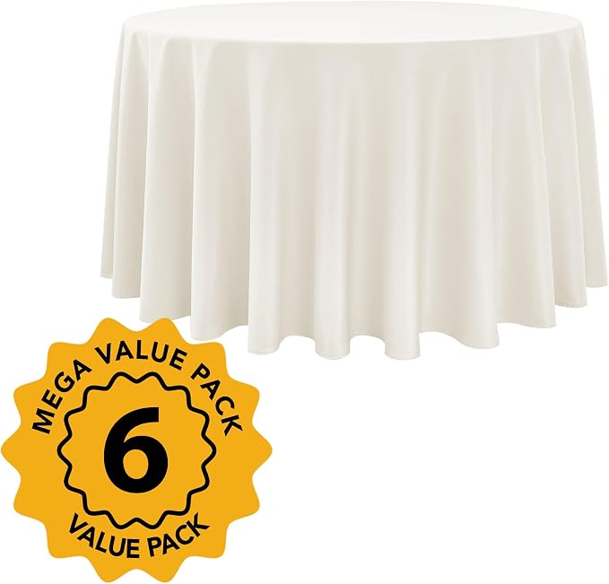 6-Pack Ivory Round Tablecloths, 108 Inches, Stain-Resistant Polyester for 4-5 Ft Round Tables - Washable Table Covers for Weddings, Banquets, Birthday Parties, Events
