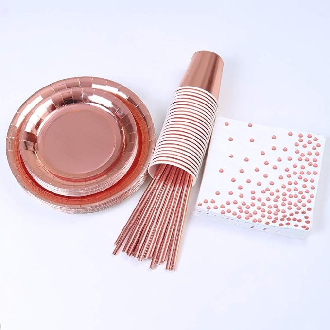 Rose Gold Birthday Party Favors for Women Rose Gold Plates and Napkins Party Supplies,Disposable Paper Plates and Cups Set for First Day of School,Bridal Shower,Baby Showers,Christmas, Serves 20