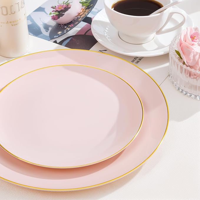 Nervure 100PCS Pink and Gold Plastic Plates - 10.25 inch Pink Disposable Plates with Gold Rim - Party Plate - Dinner Plate Ideal for Wedding & Party & Mothers Day