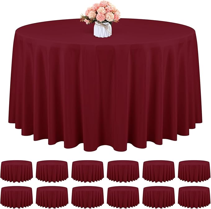 12 Pack Round Tablecloth 90 Inch - Burgundy Polyester TableCloth for Round Table, Premium Burgundy Tableclothes Washable Fabric Table Cover for Wedding Party Banquet Restaurant Reception Dining