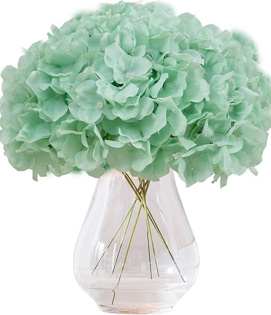 Artificial Hydrangea Flowers Mint Green Heads 10 Fake Hydrangea Silk Flowers for Wedding Centerpieces Bouquets DIY Floral Decor Home Decoration with Stems(VASE NOT Included)