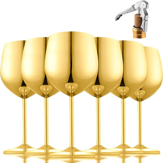 Stainless Steel Wine Glasses, Unbreakable Gold Wine Glass 18 oz Unique Metal Wine Goblets for Outdoor, Travel, Camping, Pool, Ideal Gift for Wine Lovers (6 cups + 1 bottle opener) (Gold)