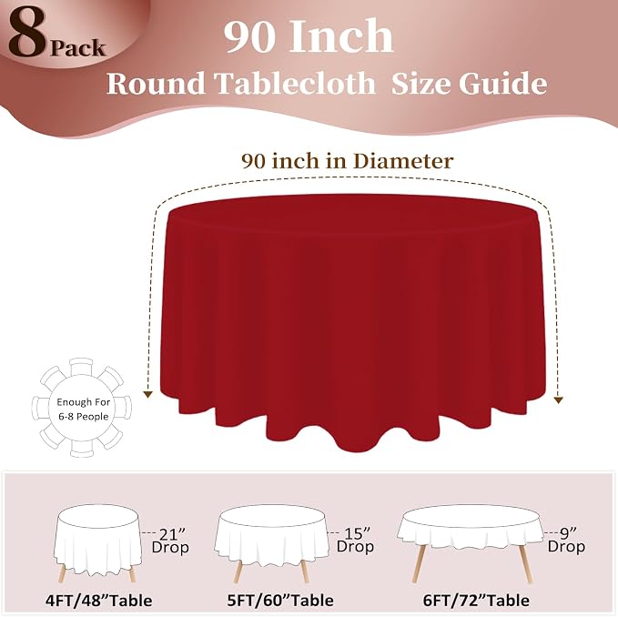 8 Pack Red Round Tablecloth 90 Inch Round Table Cloth, Wrinkle Resistant and Washable Tablecloth Polyester Fabric Table Cloth Round Cover for Dining Wedding Banquet Party