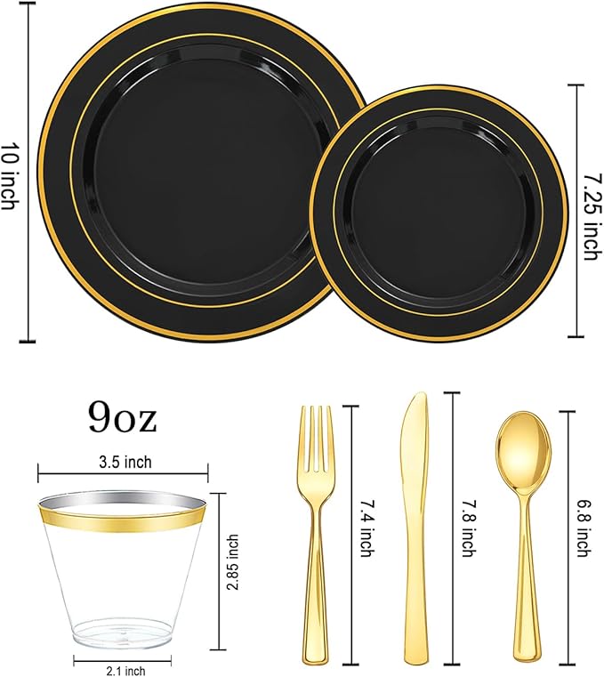 bUCLA 300PCS Black and Gold Disposable Dinnerware Set - 50 Guests Black Plastic Plates with Gold Rim Include 50 Dinner / 50 Dessert Plates, 50 Forks,50 Knives,50 Spoons&50 Cups for Party&Graduation