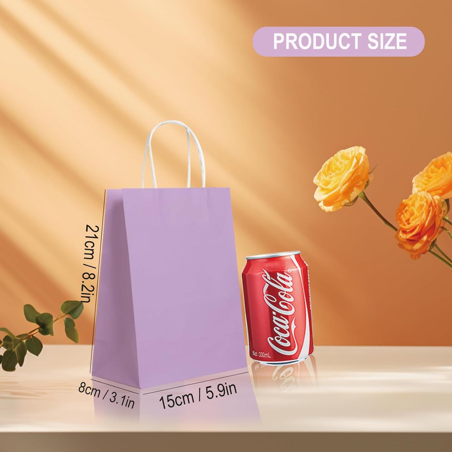 BAG BOX 50 Pack Small 5.9x3.1x8.25 Inch Purple Kraft Paper Gift Bags with Handles for Bulk Shopping, Retail, Craft, Party Favors, Wedding, Grocery & Sacks