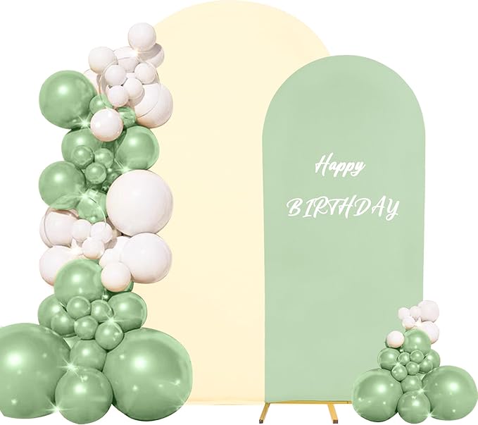 Set of 2 Spandex Fitted Arch Backdrop Cover Wedding Arch Cover Round Top Chiara Arch Backdrop Stand Covers for Birthday Party Baby Shower Wedding Arch Decor（6.6 FT Sage Green, 7.2 FT Beige）