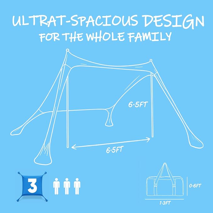 Sekey Aluminum Beach Shade Sun Shelter UPF 50+ - 6.5x6.5 FT Portable Beach Canopy with Windproof Rope & Stability Poles, Easy Setup Outdoor Tent for Camping, Backyard, Fishing, Picnics
