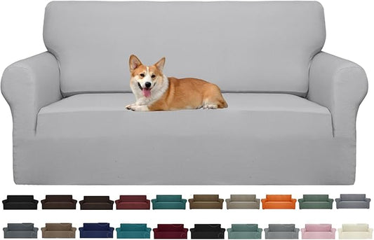 JIVINER High Stretch 1-Piece Jacquard Small Checks Couch Covers for 2 Cushion Couch Anti Slip Love Seat Sofa Covers Loveseat Slipcovers Protector for Kids Pets (Loveseat, Light Gray and White)