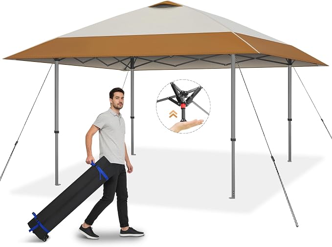 Explore Land 13x13 Pop Up Canopy with One Push Setup Heavy Duty Outdoor Sun Shade Tent for Beach,Camping,Events,Parties(Beige & Brown)