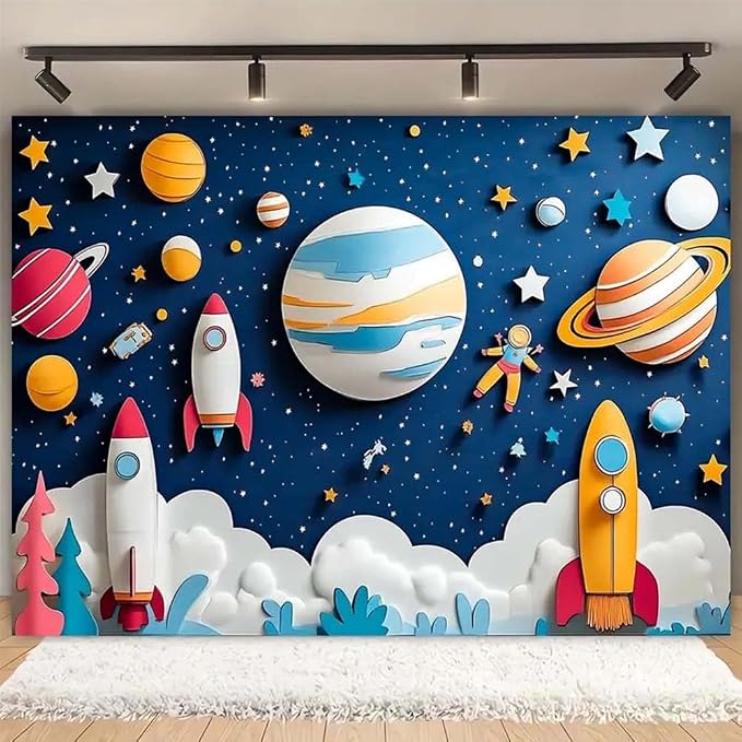 Outer Space Birthday Backdrop Cartoon Rocket and Planets Photography Banner Universe Galaxy Stars Boy Girl Newborn Baby Shower Background First Birthday Backdrop for Boys (A, 8x6feet)