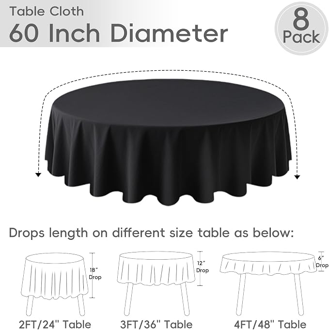 8 Pack Black Round Tablecloth 60 Inch Black Table Cloth for Round Tables, Reusable and Washable Polyester Tablecloth Stain Wrinkle Resistant Decorative Table Cover for Wedding Party Dining Banquet